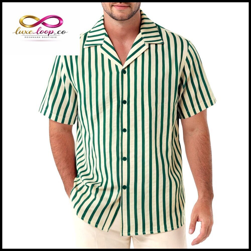 Classic Striped Seersucker Cuban Collar Shirt Short Sleeve Button Down - Picture 1 of 7